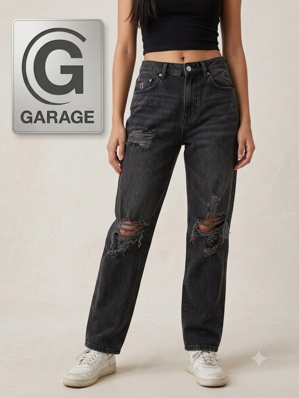 Garage Women's Black High-Rise Distressed Straight Leg Jeans Waist 13,5''